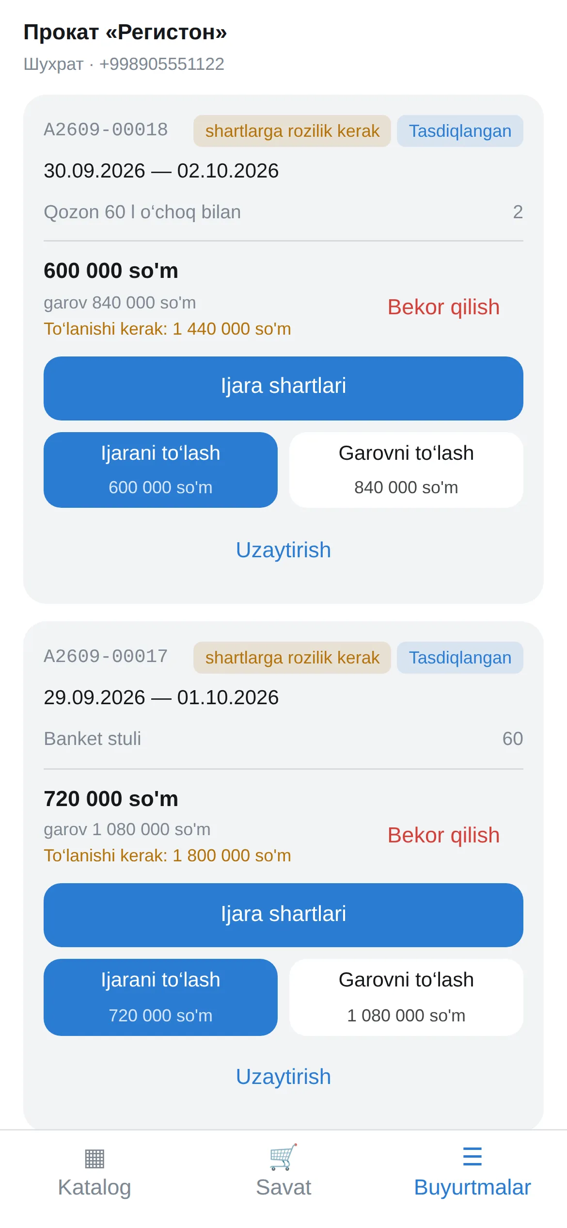 Mijoz buyurtmalari: ijarani va garovni to‘lash, shartlar bilan tanishish, uzaytirish